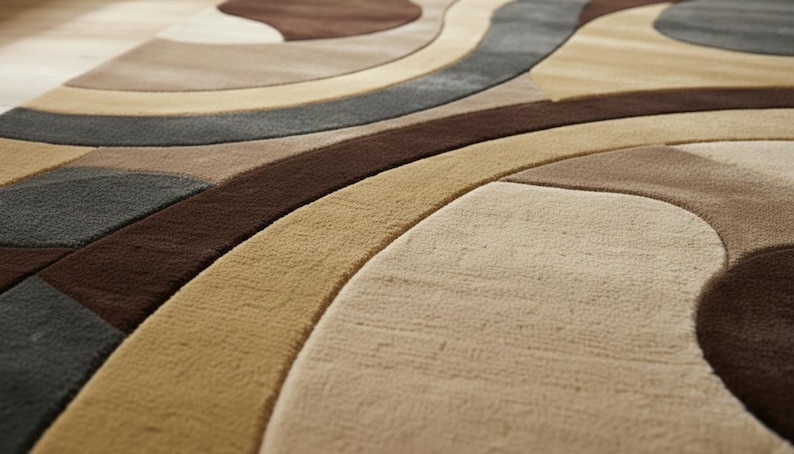 A high-angle shot of a rectangular hand-tufted wool area rug featuring a modern abstract pattern in brown, beige, tan, and grey. The rug is placed on a light oak wood floor in a bright living room next to a cream sofa, potted plants, and a wooden coffee table.