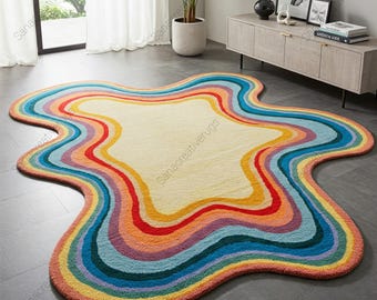 Chromatic Bloom&quot; - Irregular Hand-Tufted Wool Area Rug multi color Handmade home decor rugs for living room bedroom rugs
