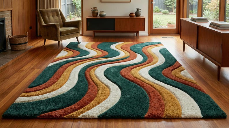 A high-quality Mid Century Modern hand tufted wool rug featuring a 3D abstract wave design in burnt orange, deep forest green, mustard yellow, and cream. The shag area rug has a plush multi-level pile and is styled on a wooden floor in a minimalist living room with vintage furniture.
