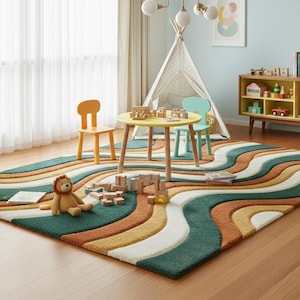 A high-quality Mid Century Modern hand tufted wool rug featuring a 3D abstract wave design in burnt orange, deep forest green, mustard yellow, and cream. The shag area rug has a plush multi-level pile and is styled on a wooden floor in a minimalist living room with vintage furniture.