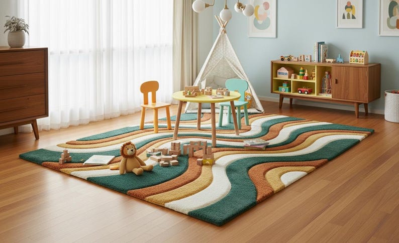 A high-quality Mid Century Modern hand tufted wool rug featuring a 3D abstract wave design in burnt orange, deep forest green, mustard yellow, and cream. The shag area rug has a plush multi-level pile and is styled on a wooden floor in a minimalist living room with vintage furniture.