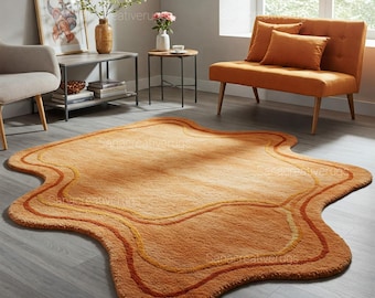 Terracotta Irregular Shaped Wool Rug – Hand-Tufted Orange Accent Rug for Living Room | Modern Handmade Home Decor Rug