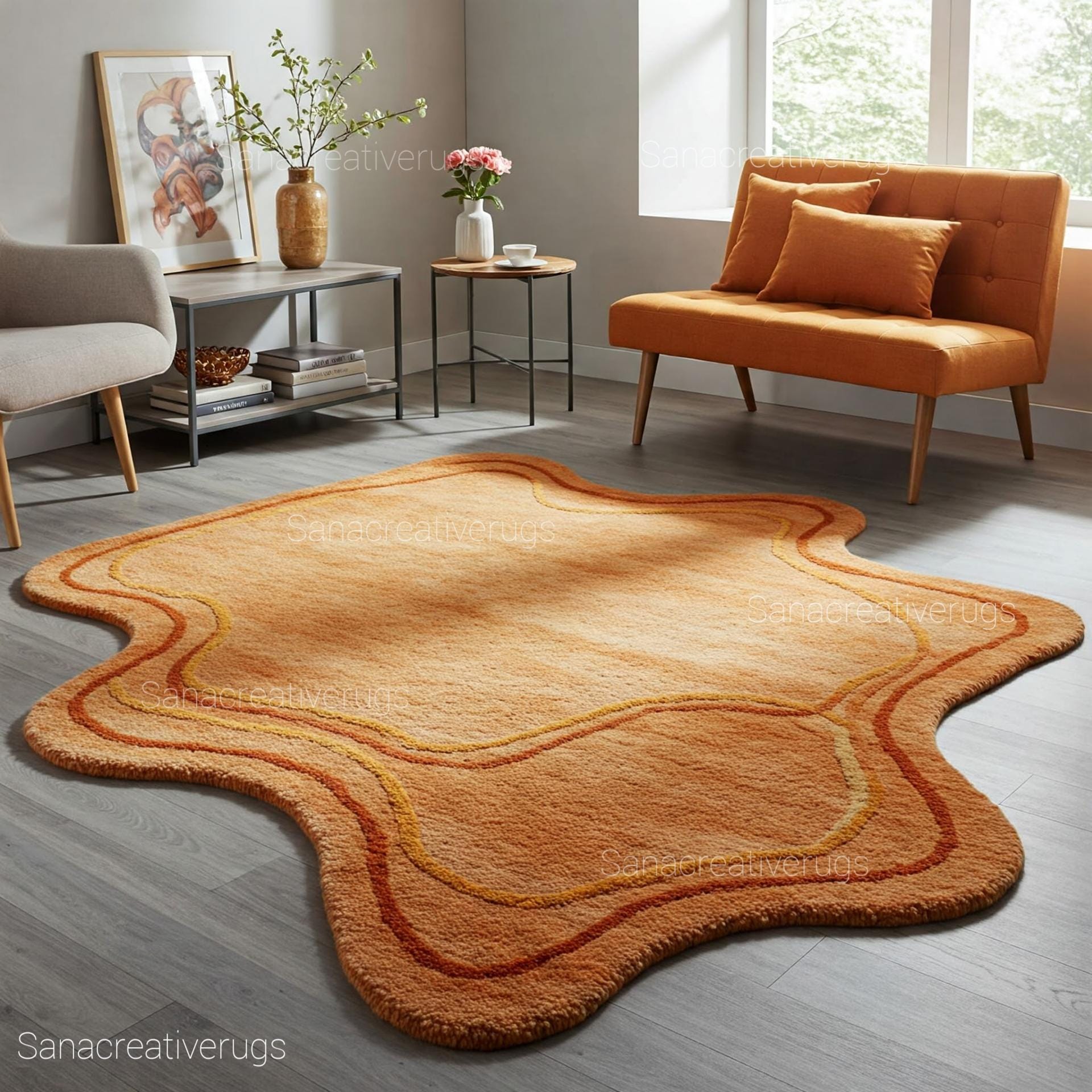 Hand-Tufted Wool Rug: Terracotta Orange Irregular Shape