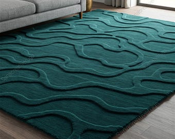Emerald Green Wool Area Rug: Modern Abstract Wavy Design