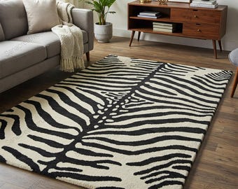 Black And White Rug, Hand-Tufted Wool Zebra Stripes Rugs for Living Room, Bedroom