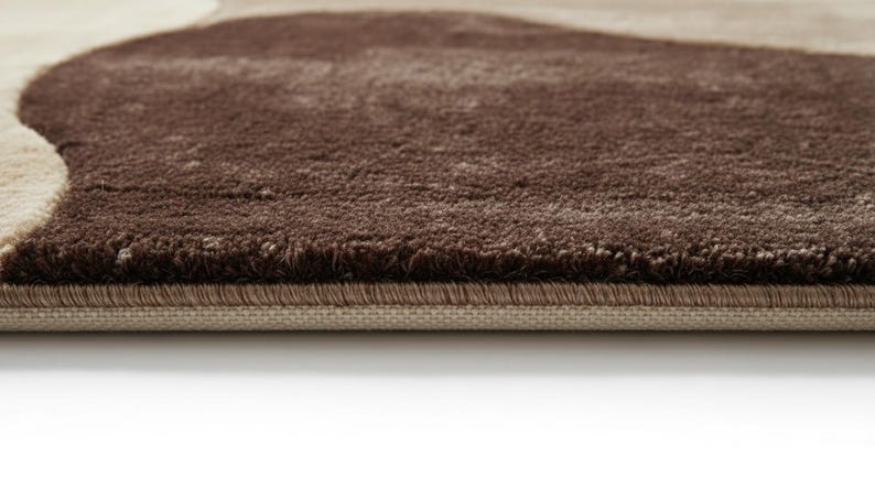 A high-angle shot of a rectangular hand-tufted wool area rug featuring a modern abstract pattern in brown, beige, tan, and grey. The rug is placed on a light oak wood floor in a bright living room next to a cream sofa, potted plants, and a wooden coffee table.