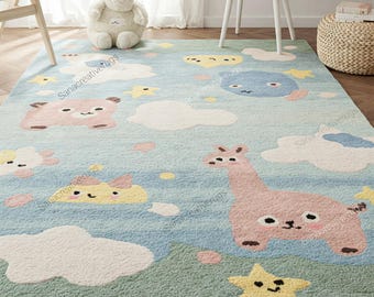 May include: A light blue children's rug with a whimsical design featuring clouds, stars, and animal characters. The rug has a soft, plush texture and is perfect for a nursery or playroom.