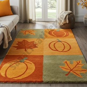 May include: A rectangular rug with a fall theme. The rug has a patchwork design with orange and green squares. Each square features a leaf or pumpkin design in orange. The rug is made of a soft, textured material.