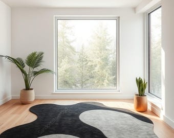 Hand-Tufted Wool Rug: Black & Grey Amoeba Shape, Irregular Area Rug