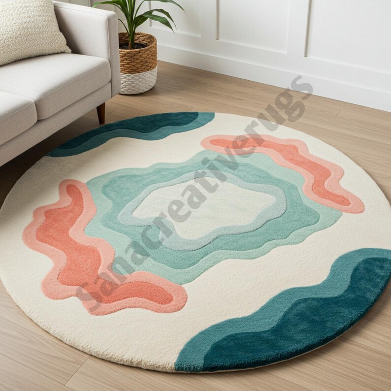 Undulating Small Rugs Hand-tufted Wool Round Rug: Coastal Coral Reef, Teal and Pink - Etsy