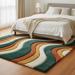 A high-quality Mid Century Modern hand tufted wool rug featuring a 3D abstract wave design in burnt orange, deep forest green, mustard yellow, and cream. The shag area rug has a plush multi-level pile and is styled on a wooden floor in a minimalist living room with vintage furniture.