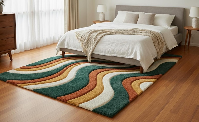 A high-quality Mid Century Modern hand tufted wool rug featuring a 3D abstract wave design in burnt orange, deep forest green, mustard yellow, and cream. The shag area rug has a plush multi-level pile and is styled on a wooden floor in a minimalist living room with vintage furniture.