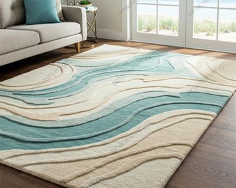 Tranquil Tides Coastal Wave Design • Living Room, Bedroom & Beach House Area Rug • 100% Wool