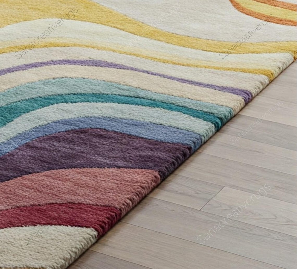 Vibrant Wavy Rainbow Area Rug | Hand-tufted Wool | Modern Abstract ...