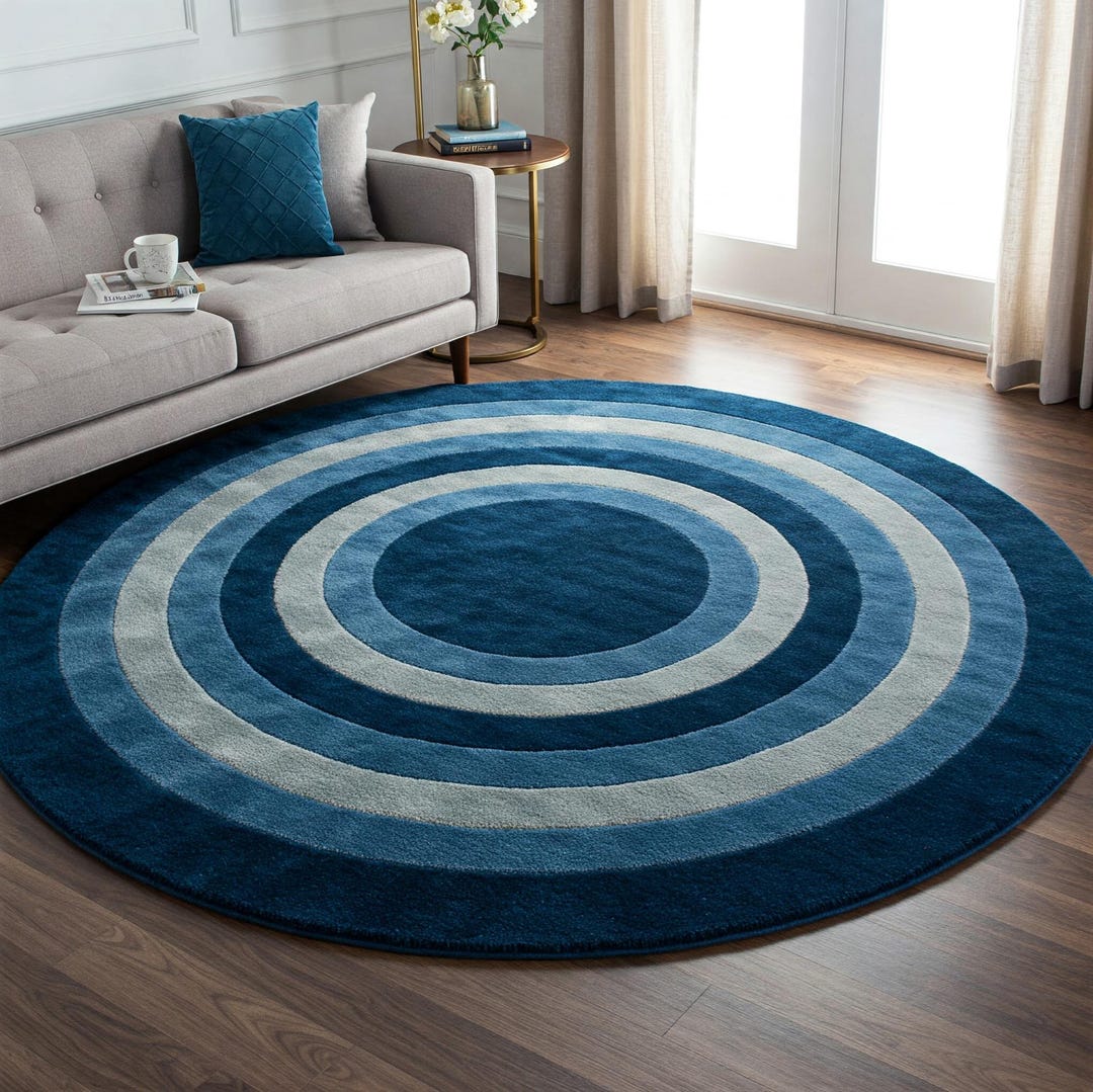 Hand Tufted Wool Round Rug, Modern Geometric Blue Abstract Carpet - Etsy