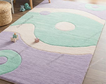 Hand tufted wool rug, kids room decor, whimsical waves pastel lavender mint cream nursery