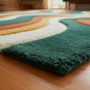 A high-quality Mid Century Modern hand tufted wool rug featuring a 3D abstract wave design in burnt orange, deep forest green, mustard yellow, and cream. The shag area rug has a plush multi-level pile and is styled on a wooden floor in a minimalist living room with vintage furniture.