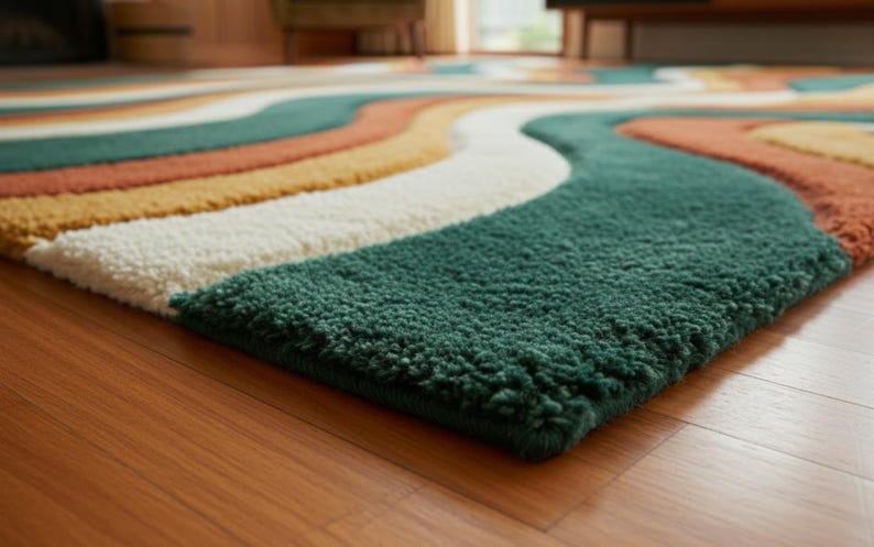 A high-quality Mid Century Modern hand tufted wool rug featuring a 3D abstract wave design in burnt orange, deep forest green, mustard yellow, and cream. The shag area rug has a plush multi-level pile and is styled on a wooden floor in a minimalist living room with vintage furniture.