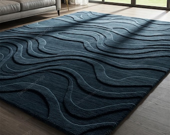 Sapphire Blue Wool Rug: Hand-Tufted Wave Design
