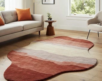 Terracotta Decor Wool Rug, Abstract Hand-Tufted Sunrise Rugs, Modern Organic Shape Carpet