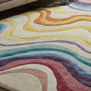 Vibrant Wavy Rainbow Area Rug | Hand-tufted Wool | Modern Abstract ...