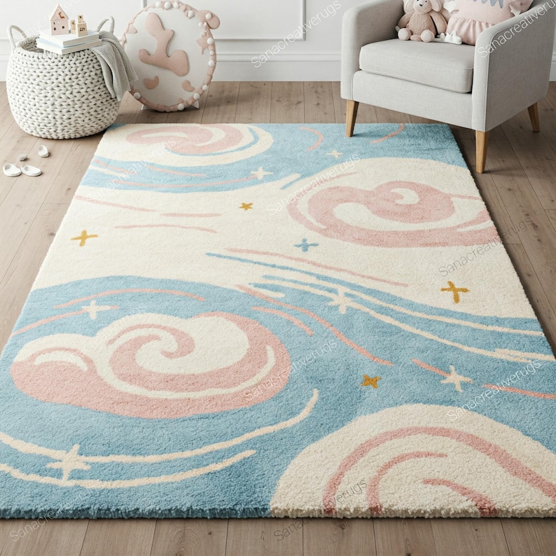 Playful Rug Hand Tufted Rug, Celestial Wool Rugs for Kids Room Decor, Sky Blue ...