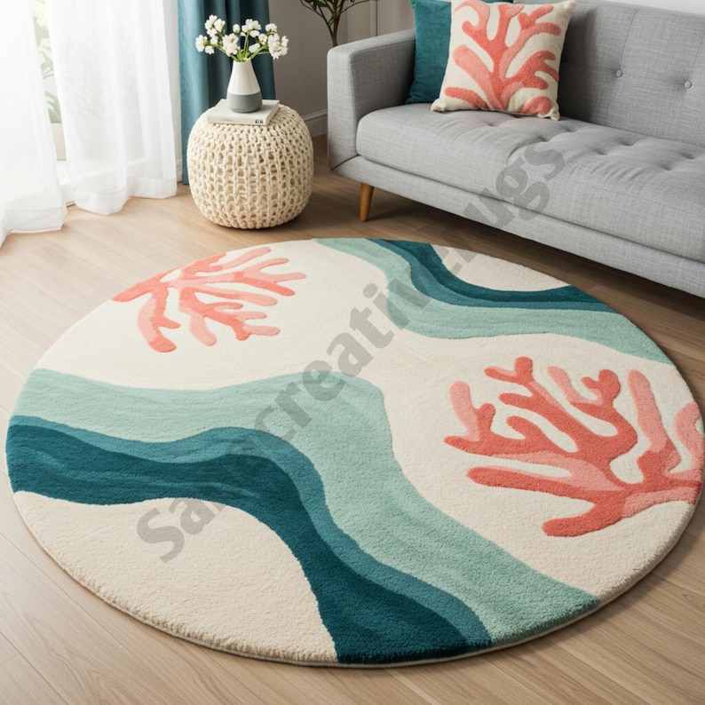 Undulating Small Rugs Hand-tufted Wool Round Rug: Coastal Coral Reef, Teal and Pink - Etsy