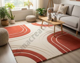 Hand-Tufted Wool Area Rug: Retro Burnt Orange & Cream Abstract Design