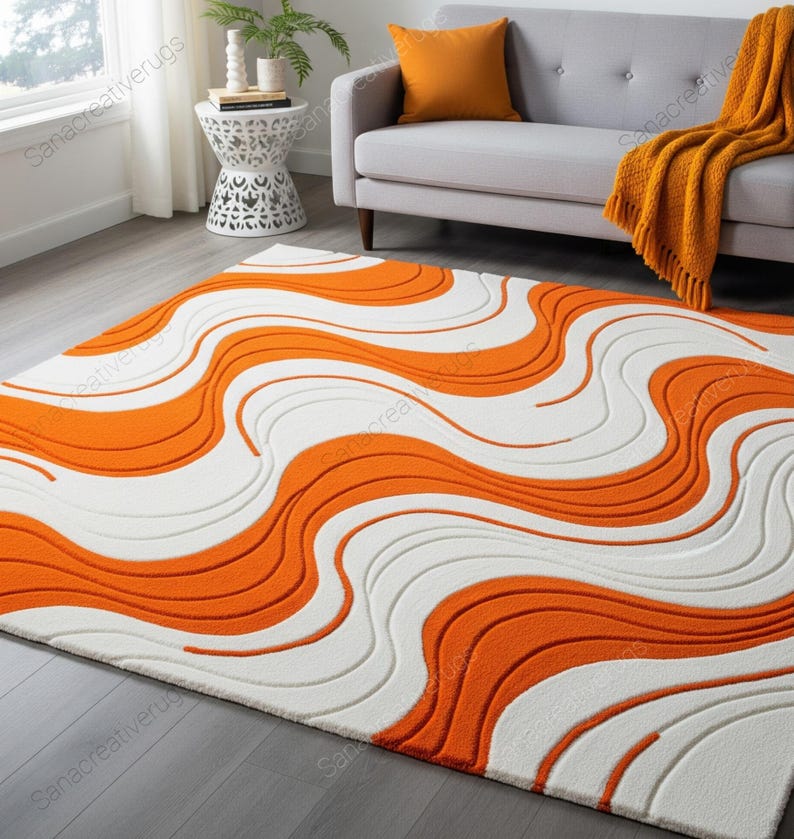 Groovy Orange & White Swirl Rug - Modern Hand-tufted Wool Area Rug for ...