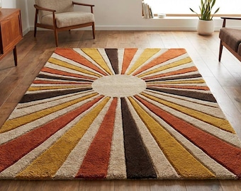 Retro Sunburst Wool Area Rug - Mid-Century Modern Home Decor