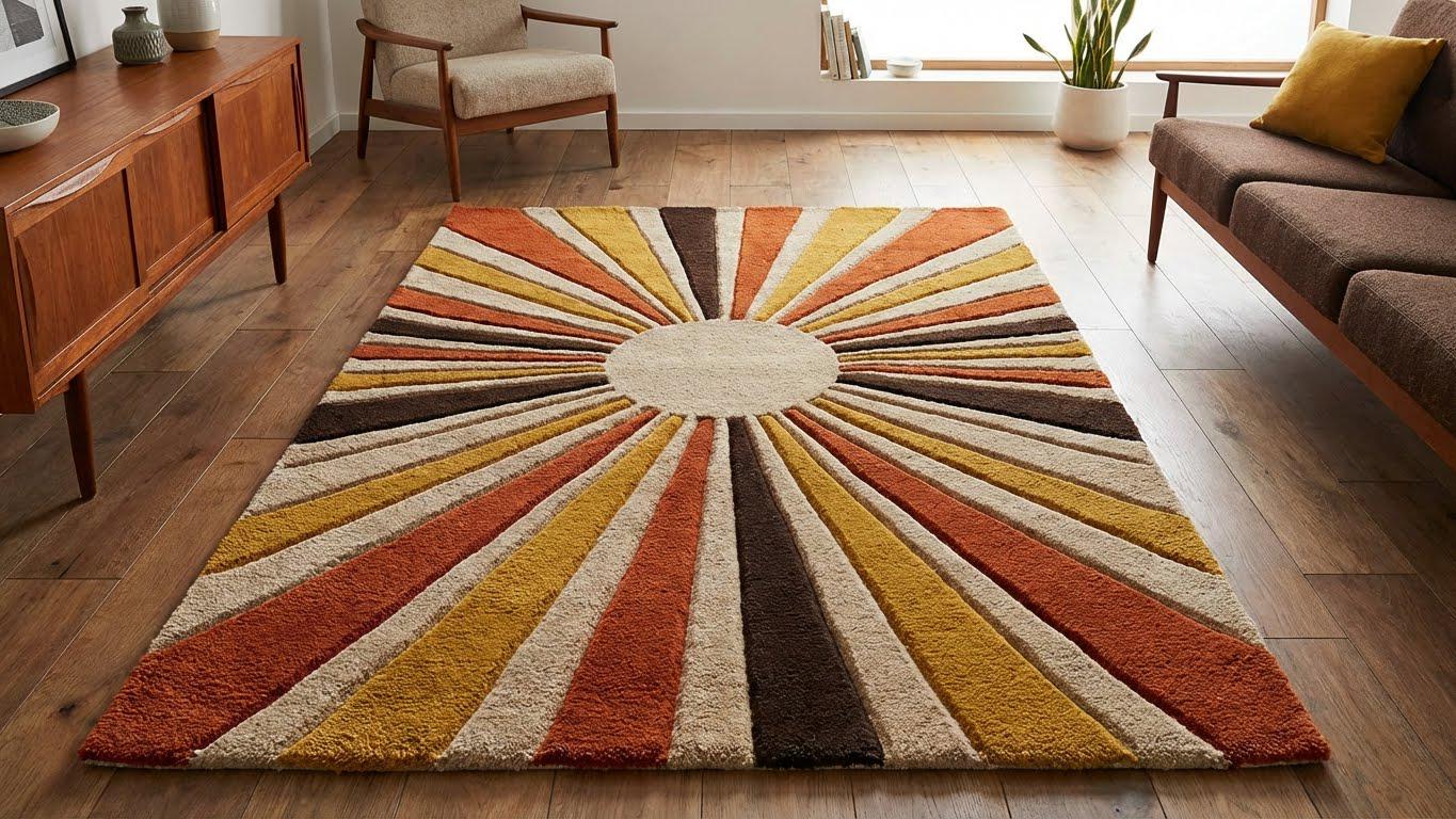 Retro Sunburst Wool Area Rug - Mid-Century Modern Home Decor
