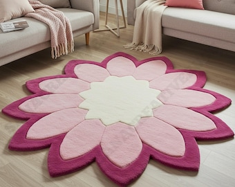 Blooming Pink Flower Rug, Floral Area Rugs, Soft Wool Nursery Decor, Hand-Tufted Petal