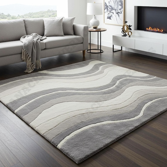Modern Gray Beige Wool Area Rug, High Pile, Tufted Wool Carpet