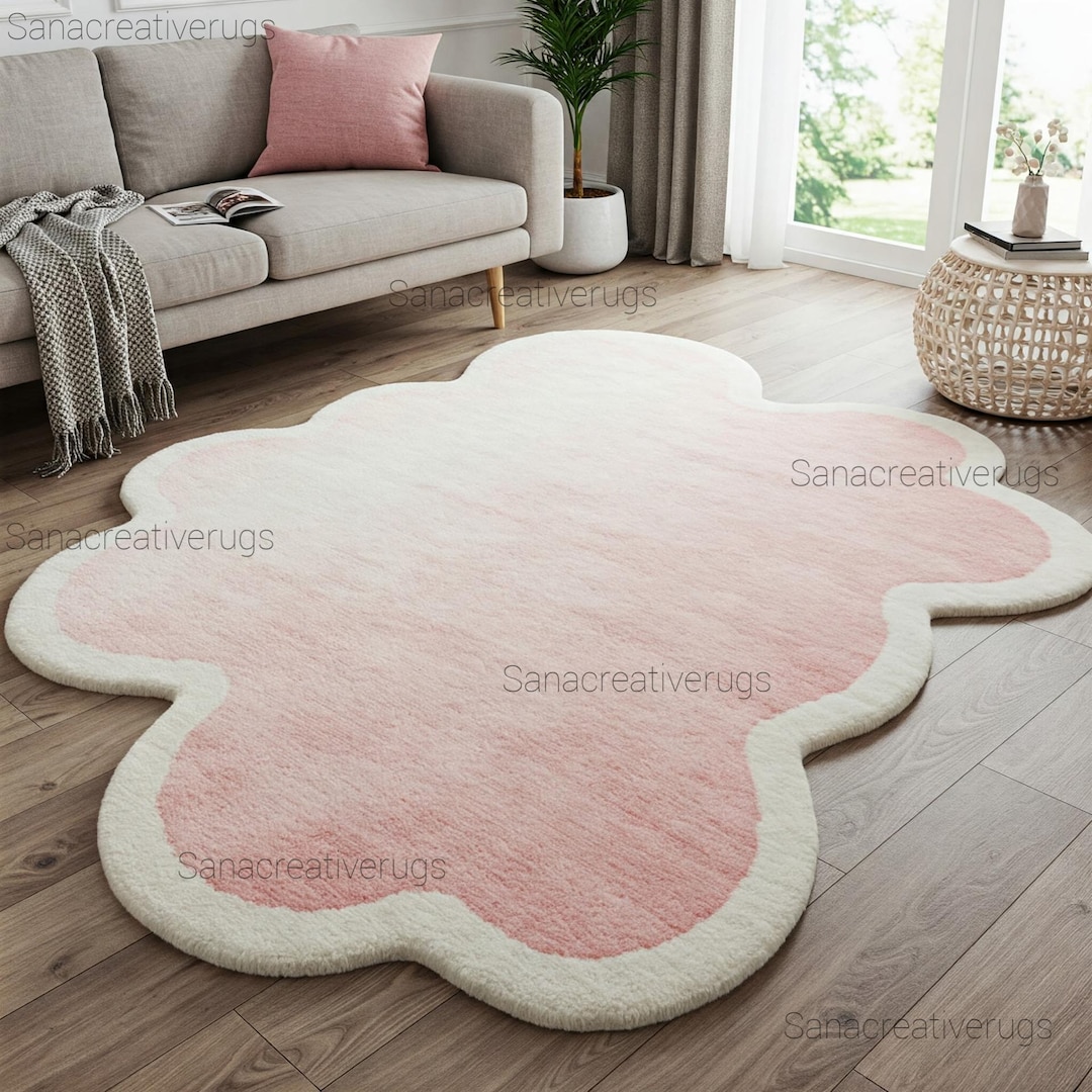 Abstract Rug, Cloud Hand-tufted Wool Rugs, Pink & White Gradient ...