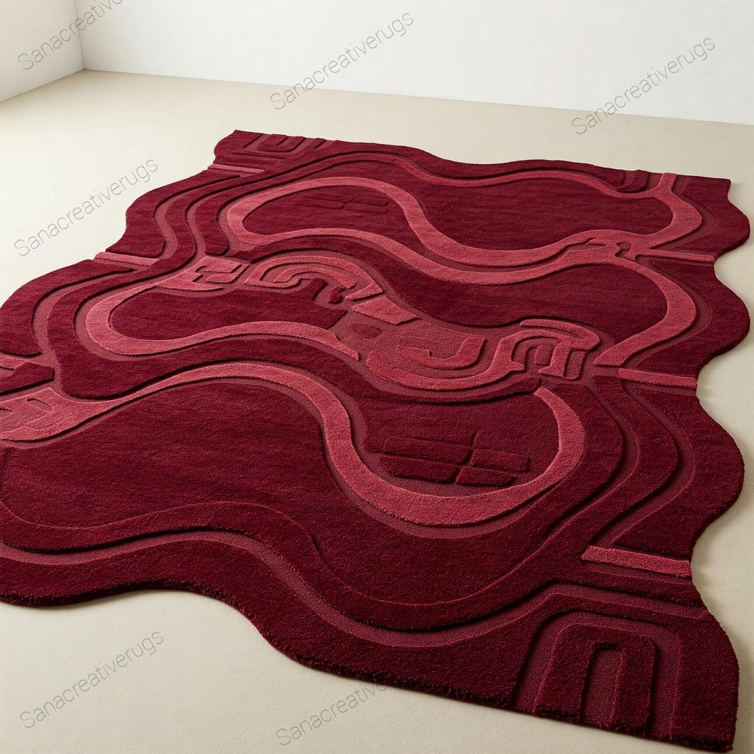 Hand Tufted Rug, Crimson Labyrinth Wool Rugs, Modern Abstract Floor ...