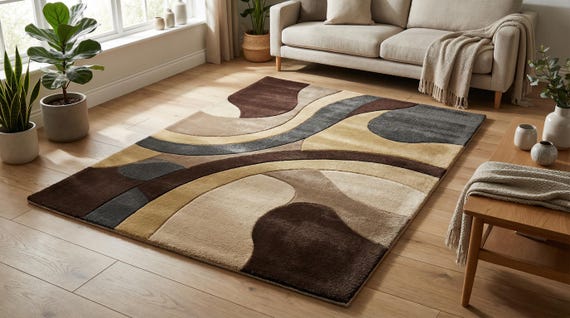 Hand Tufted Wool Area Rug, Modern Abstract Carpet, Organic Shapes, Neutral Beige Brown