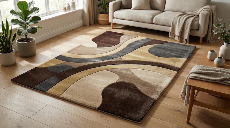 A high-angle shot of a rectangular hand-tufted wool area rug featuring a modern abstract pattern in brown, beige, tan, and grey. The rug is placed on a light oak wood floor in a bright living room next to a cream sofa, potted plants, and a wooden coffee table.
