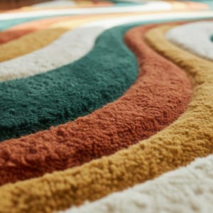 A high-quality Mid Century Modern hand tufted wool rug featuring a 3D abstract wave design in burnt orange, deep forest green, mustard yellow, and cream. The shag area rug has a plush multi-level pile and is styled on a wooden floor in a minimalist living room with vintage furniture.