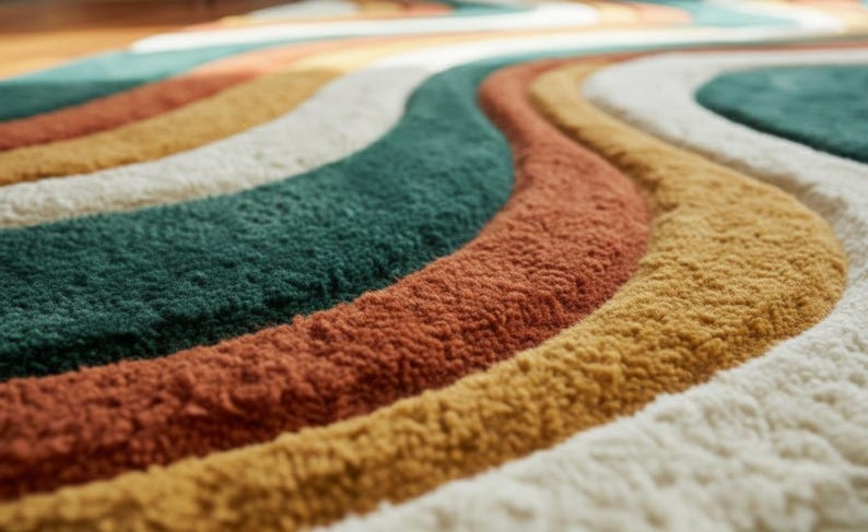 A high-quality Mid Century Modern hand tufted wool rug featuring a 3D abstract wave design in burnt orange, deep forest green, mustard yellow, and cream. The shag area rug has a plush multi-level pile and is styled on a wooden floor in a minimalist living room with vintage furniture.