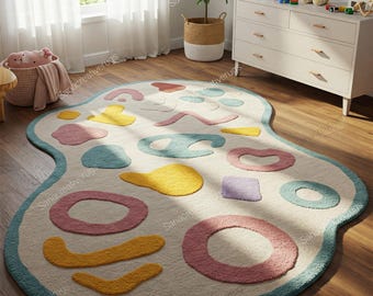 Hand Tufted Rug, Pastel Kids Room Decor, Abstract Wool Rugs for Nursery, Playroom