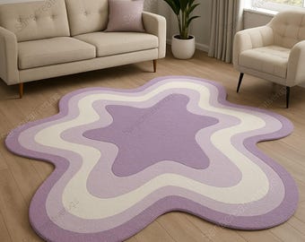 Hand-Tufted Wool Area Rug: Wavy Purple Abstract Design