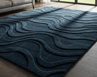 Blue Abstract Wave Rug, New Zealand Wool, Sapphire Hand Tufted Rug