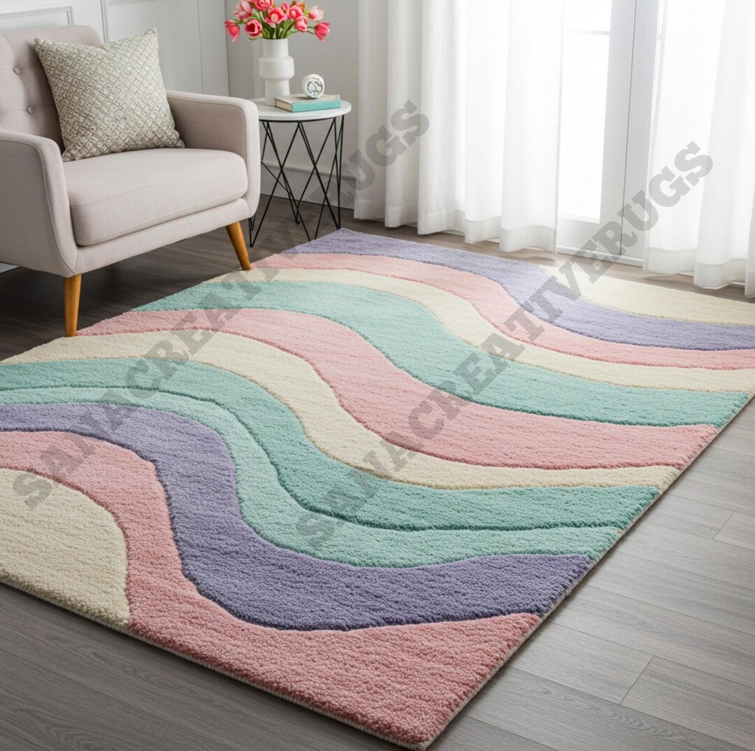 Pastel Wave Hand-tufted Wool Area Rug | Soft Ombre Rainbow Swirl ...