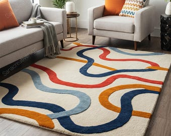Living Room Rug, Hand-Tufted Wool Area Rugs, Retro Abstract Design, Multi Color Carpet