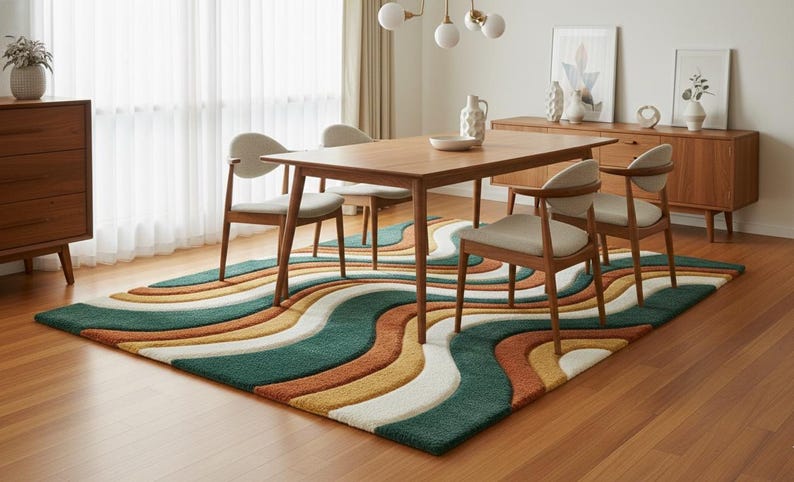 A high-quality Mid Century Modern hand tufted wool rug featuring a 3D abstract wave design in burnt orange, deep forest green, mustard yellow, and cream. The shag area rug has a plush multi-level pile and is styled on a wooden floor in a minimalist living room with vintage furniture.