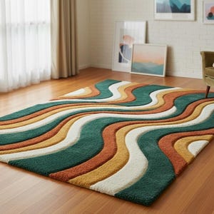 A high-quality Mid Century Modern hand tufted wool rug featuring a 3D abstract wave design in burnt orange, deep forest green, mustard yellow, and cream. The shag area rug has a plush multi-level pile and is styled on a wooden floor in a minimalist living room with vintage furniture.