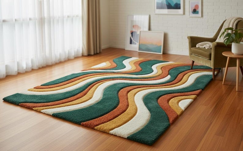 A high-quality Mid Century Modern hand tufted wool rug featuring a 3D abstract wave design in burnt orange, deep forest green, mustard yellow, and cream. The shag area rug has a plush multi-level pile and is styled on a wooden floor in a minimalist living room with vintage furniture.