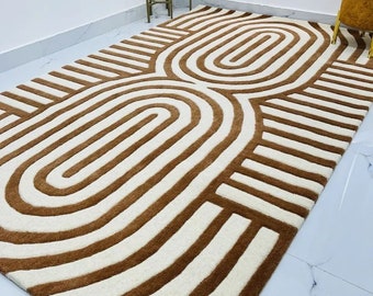 Brown and White Rug, Hand Tufted Wool Carpet, Geometric Stripes, Modern Living Room Rugs