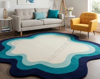 Modern Abstract Blue Wave Wool Rug - Hand-Tufted Area Carpet for Living Room & Bedroom Decor