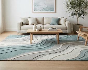 3D Wave Wool Area Rug, Hand Tufted Wool, Seafoam Blue, Sage Green Organic Modern